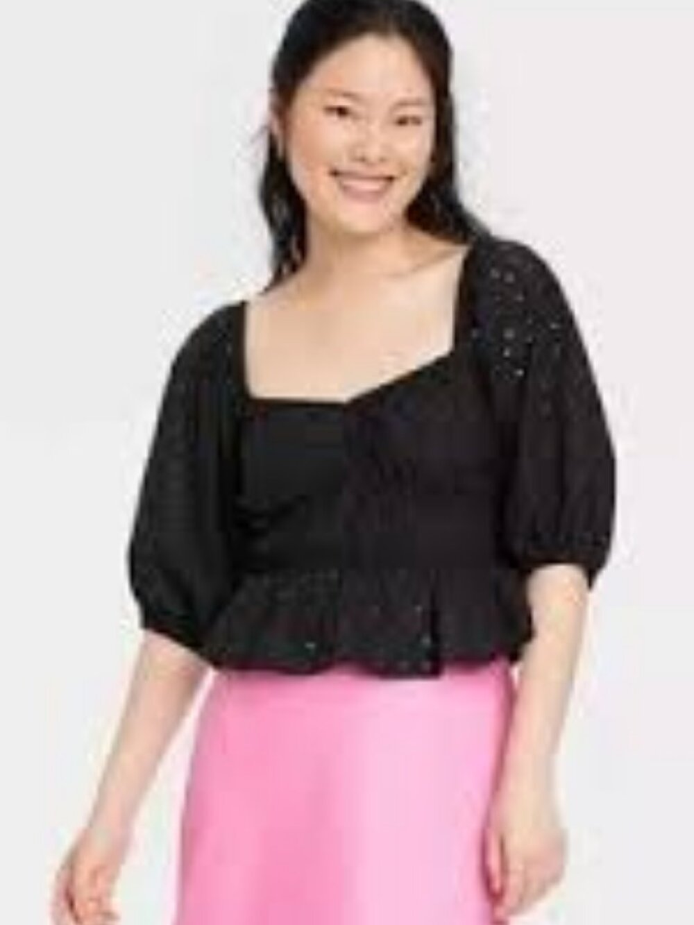 A New Day‎ | Black Eyelet Cropped Blouse Puff Sleeve Peplum Top, Medium